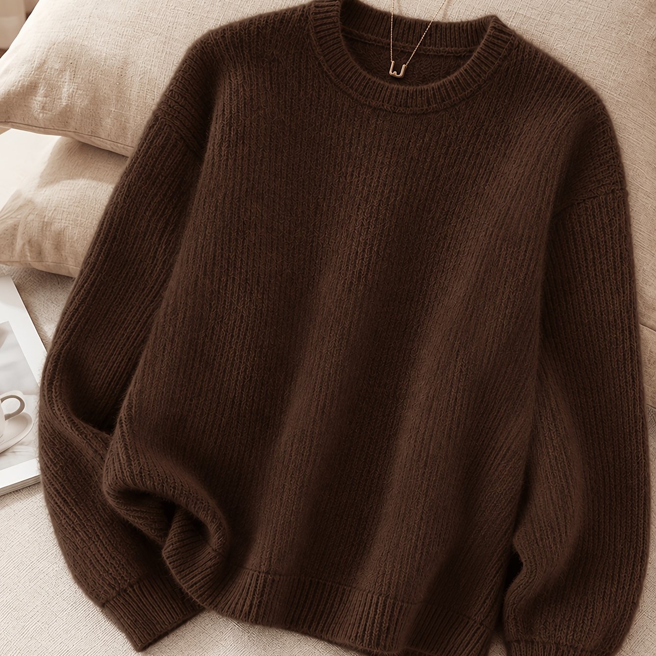TEMU 1pc Of Women's Comfortable Plush Top, Vintage Solid Color Long Sleeved Sweater, Multi-functional Warm Pullover, Suitable For Daily Casual Wear