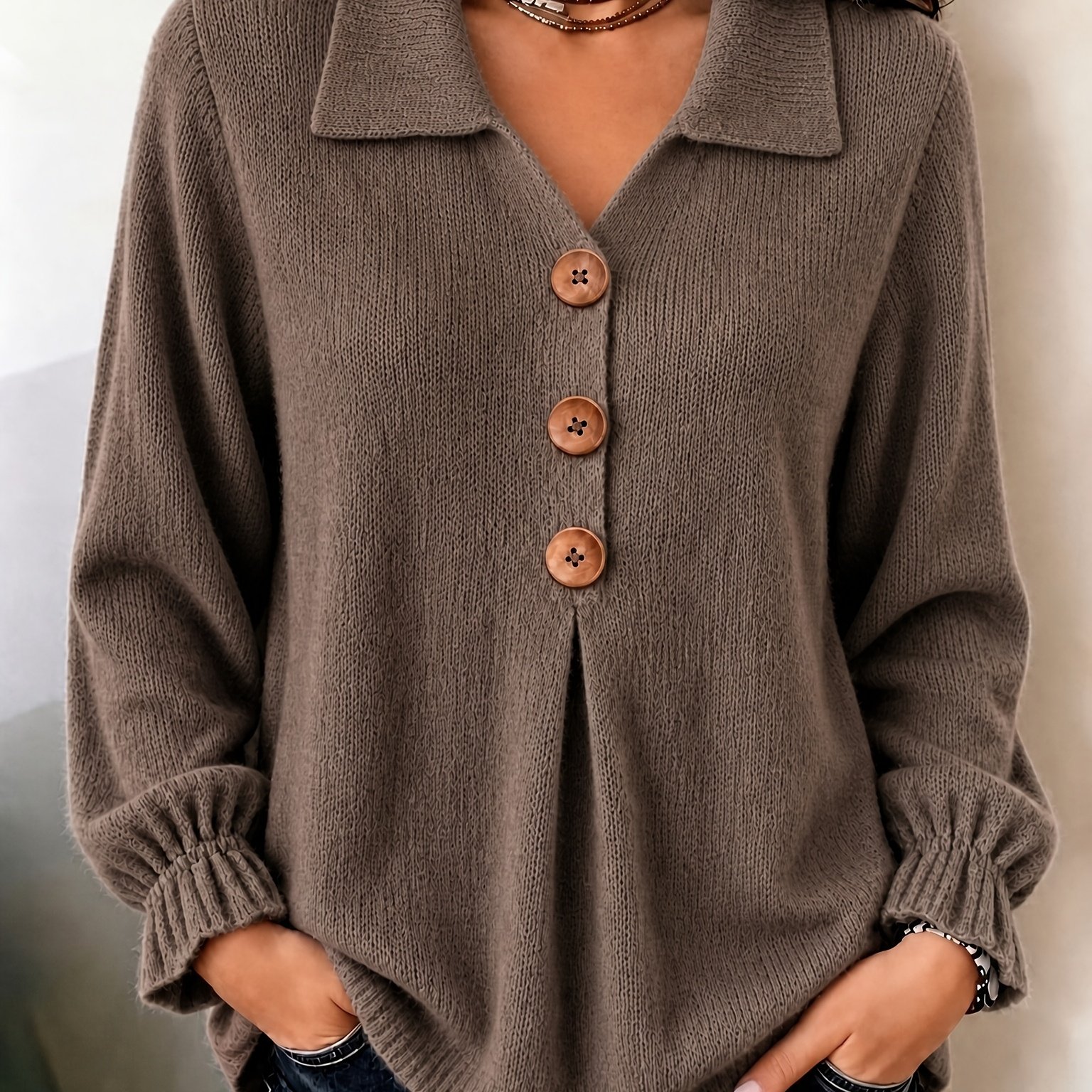 TEMU Grande Taille - Élégant Pull Femme Décontracté Moyen- Printemps Automne Couleur Unie Col Rond Col en V Bouton en Bois Décoration Manches Cloche