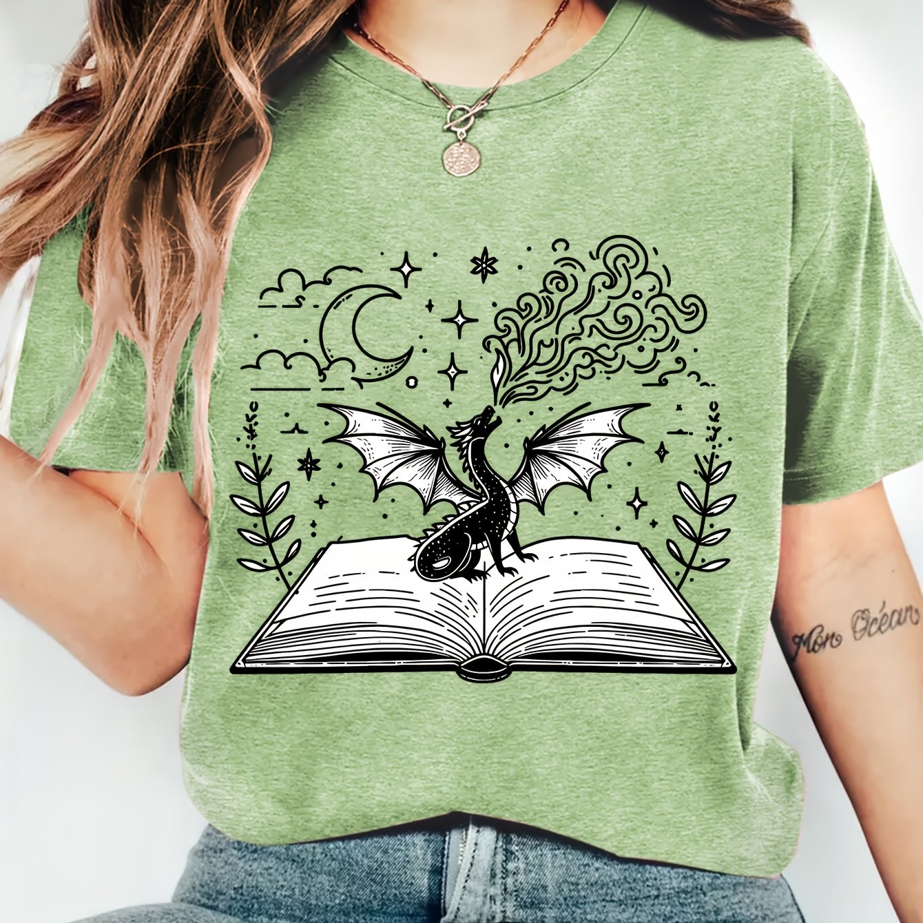 TEMU Women's Black Dragon On Print Crew Neck Short Sleeve T-shirt | Comfortable, Soft, Fashionable, Elegant, Vintage Style, , Medium Stretch Fabric,