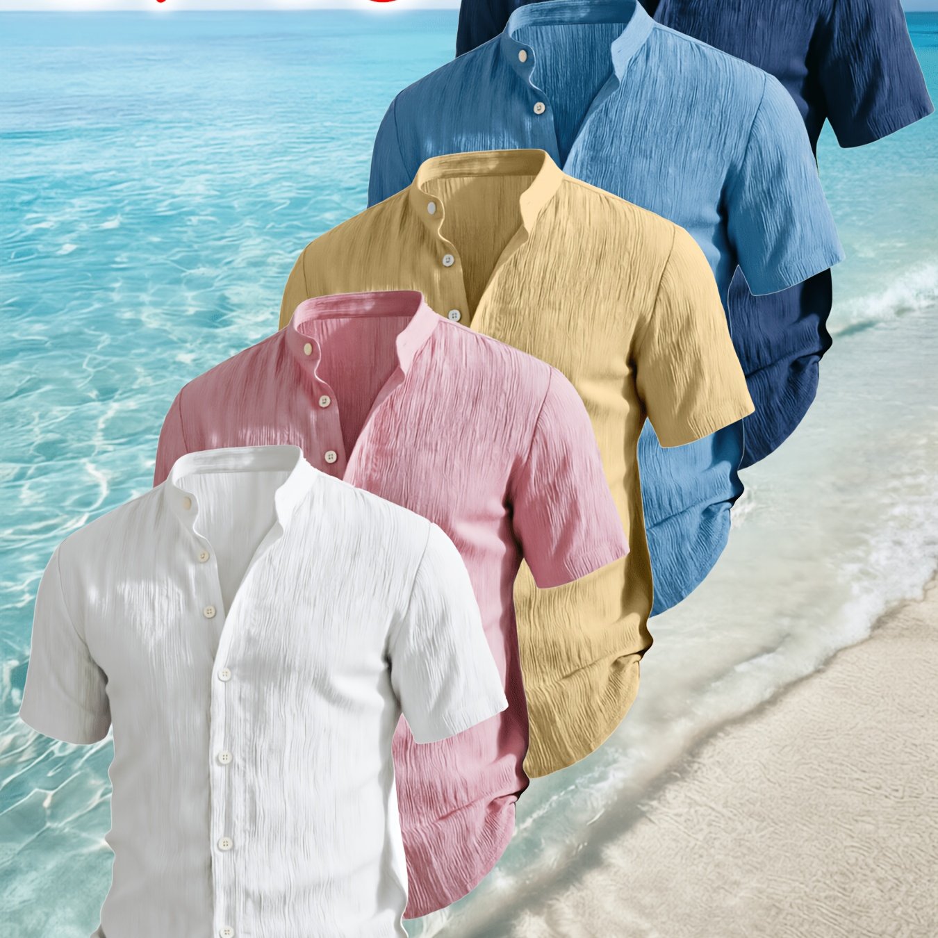 TEMU 5pcs Henley Shirt Set - Summer Men's Short Sleeve Casual Shirts With Stand Collar, Lightweight And Breathable, No Care Required, Ideal For Beach