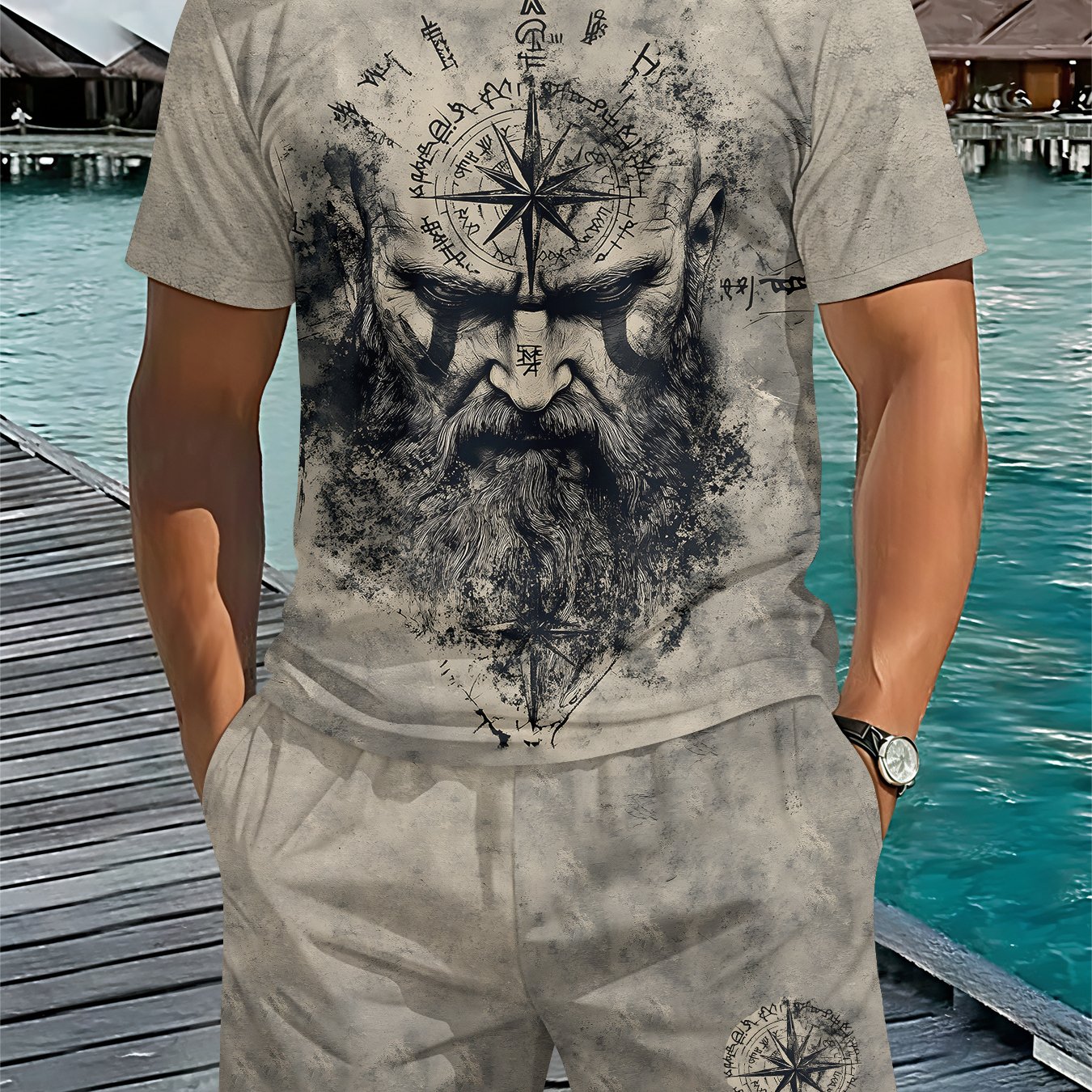 TEMU Men's 3d Digital Printing Crew Neck Short-sleeve Set - 2pcs Set For Sailing Enthusiasts, Retro Adventure Style Outfit, So That To For About