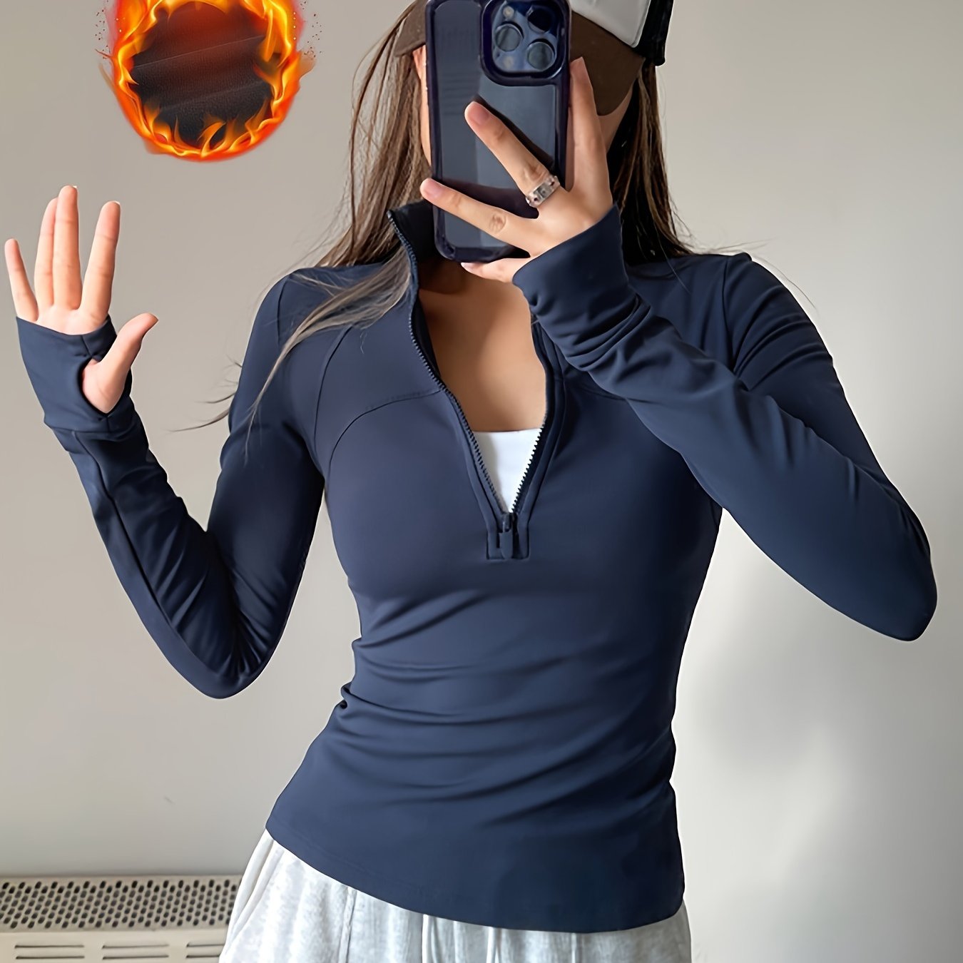 E-shop Herbst- und Wintermode, neue Damen-Fleece-Yoga-Sportjacke in Unifarben, winddicht und warm, langärmlig mit Fingerlingen, halbe
