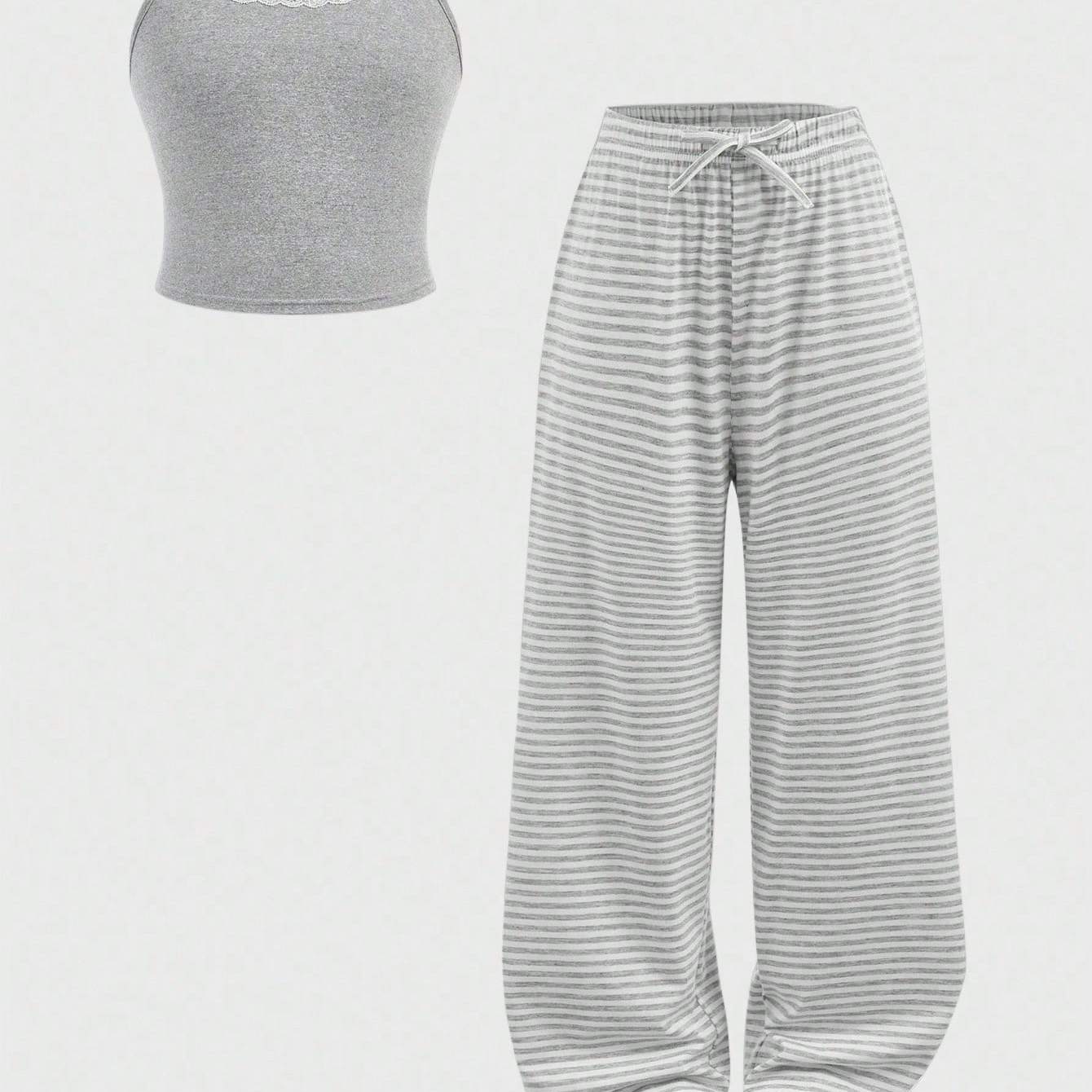 Tween Girls Casual Homewear Fitted Lace Trim Camisole And Wide Leg Striped Knit Pants Set, Light Gray Striped 2 Piece Set Casual 2 Piece Set 2pcs Outfits For Kid Girls 2 Piece Set, For Outdoor