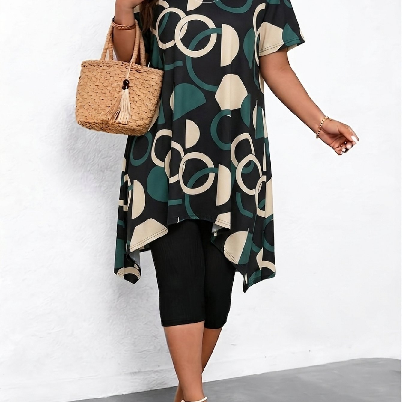 TEMU Plus Size - Summer Background Green Rice-colored Contrast Printed Short Sleeve Women's V-neck Casual Long T-shirt