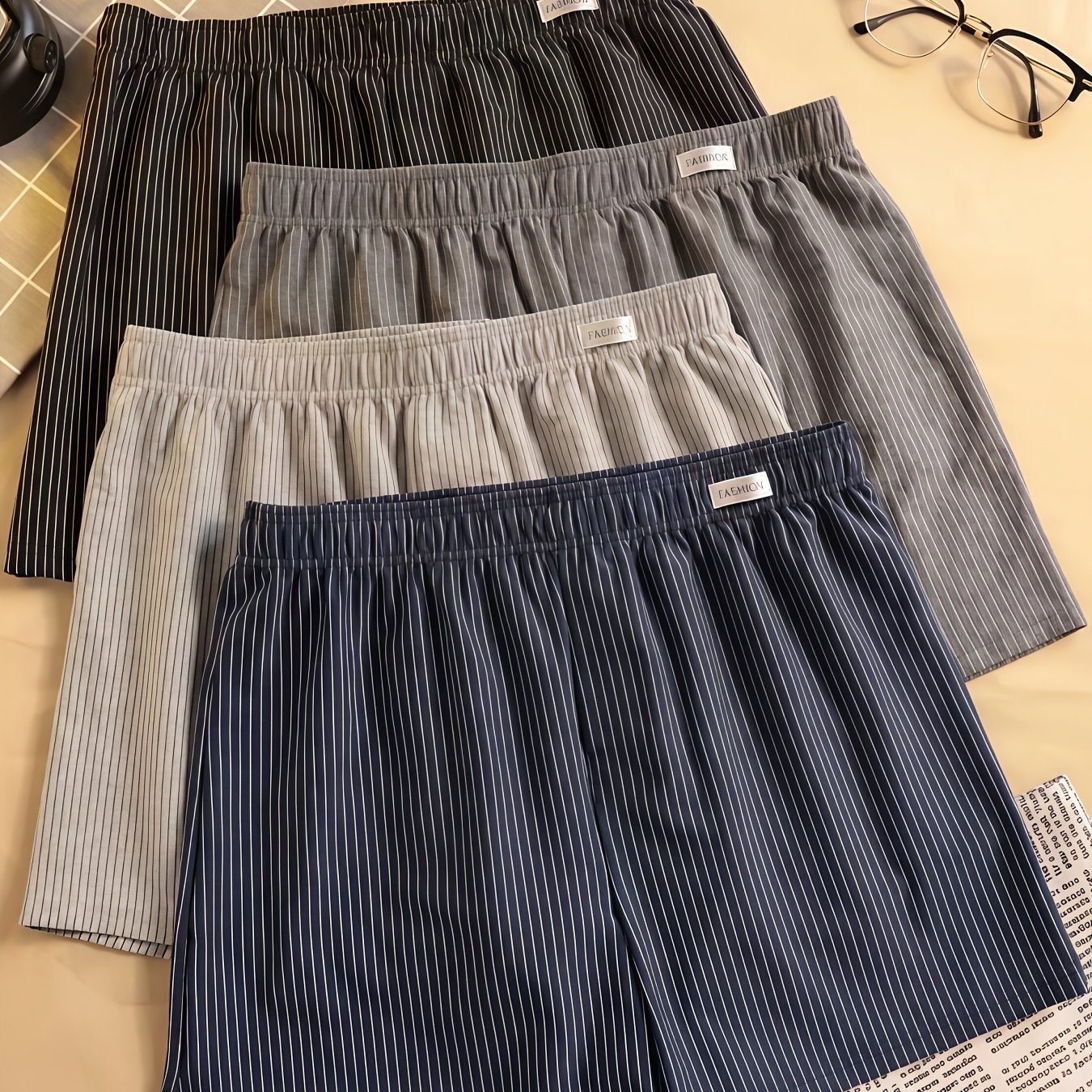 Image of 4-pcs Men's Shorts Set, Boxer Briefs, Vertical Stripe Print, Gentleman Style, Comfortable Shorts, Suitable For Outdoor Wear