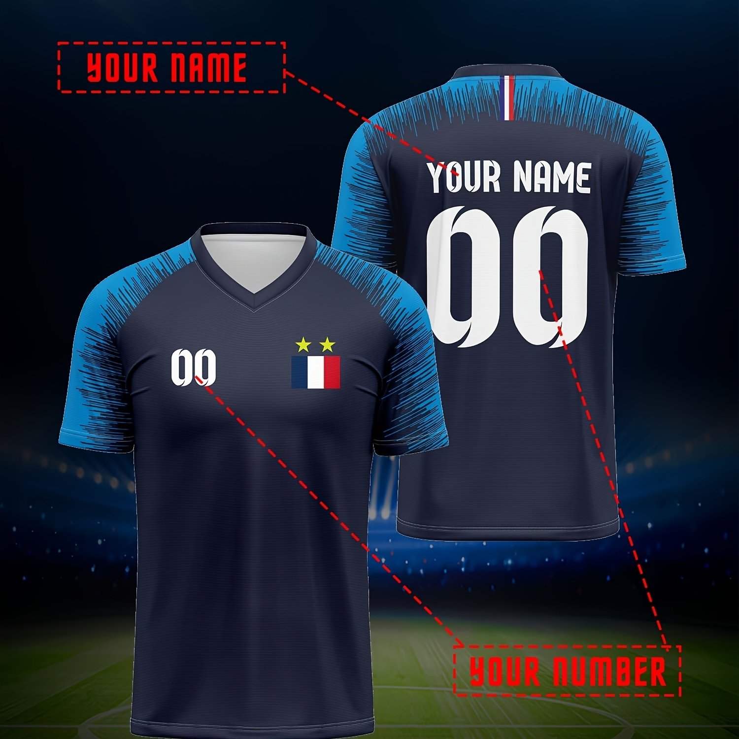 TEMU Custom French Football Jersey Suitable For Summer Parties & Uniforms - Personalized Name & Number, V-neck Apparel With Machine Washable, Fit For