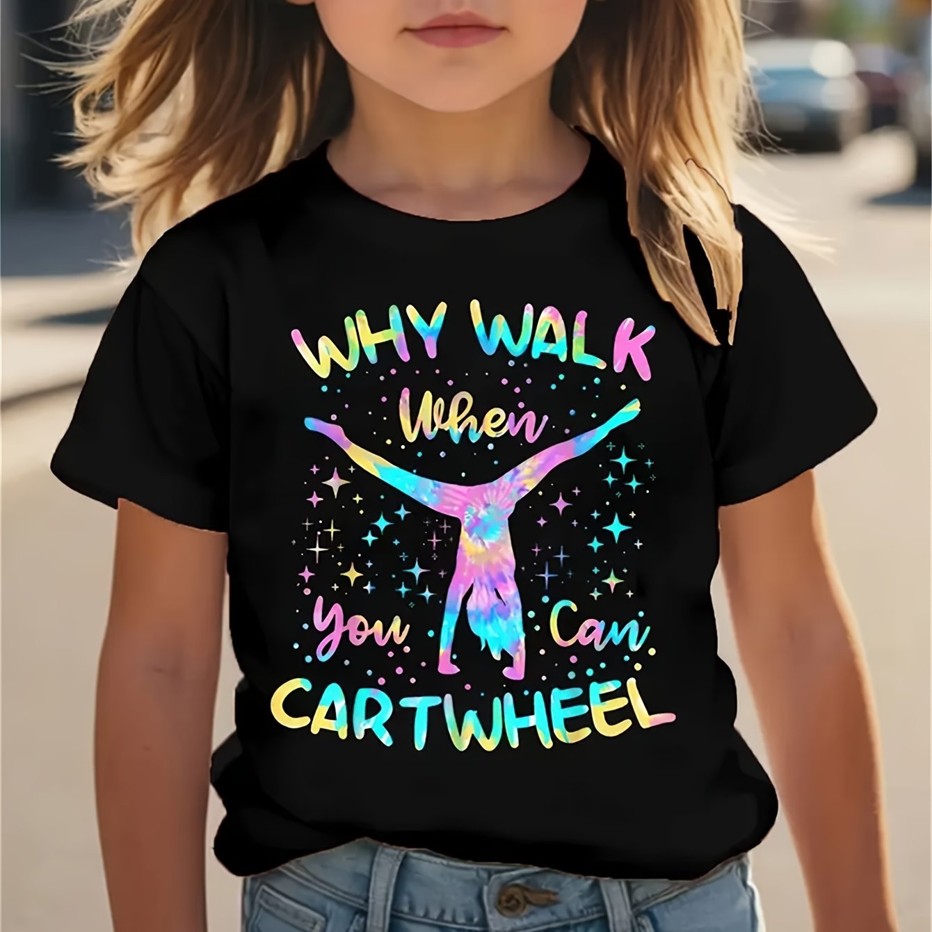 TEMU Girls' Graphic Tee Featuring The 'why Walk When You Can Do Rotational Exercises' - A Comfy, Casual Short-sleeve Shirt With Vibrant Designs, Ideal For Summer .