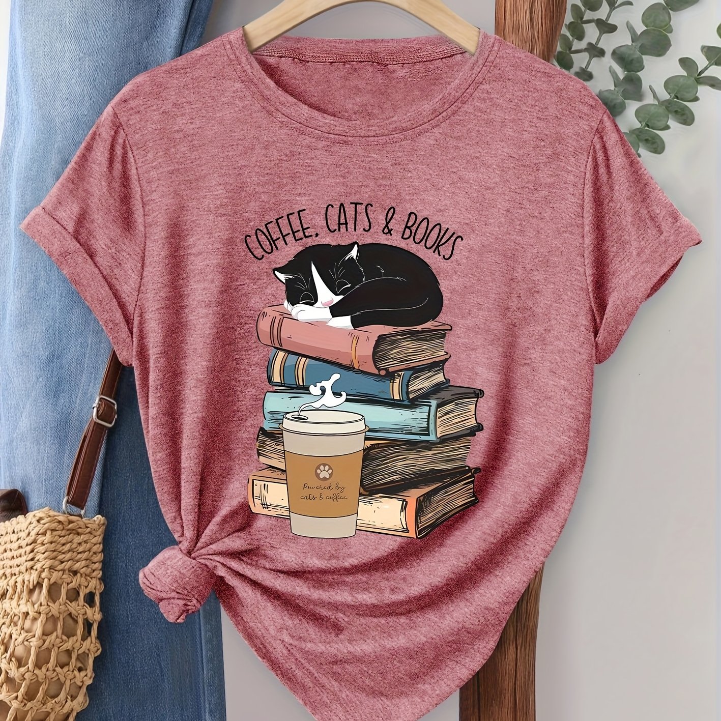 TEMU Coffee, Cats & Books" Letter Print Black And White Cat Lying On A Stack Of Books With A Coffee , Comfortable, Soft, Breathable, Stylish Vintage,