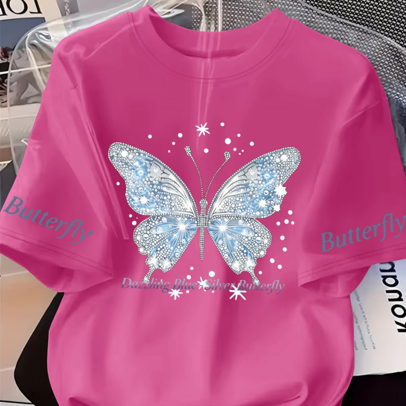 TEMU Plus Size, Blue Silvery Glitter Rhinestone & Cuff Text Print Plus Size Women Loose Top