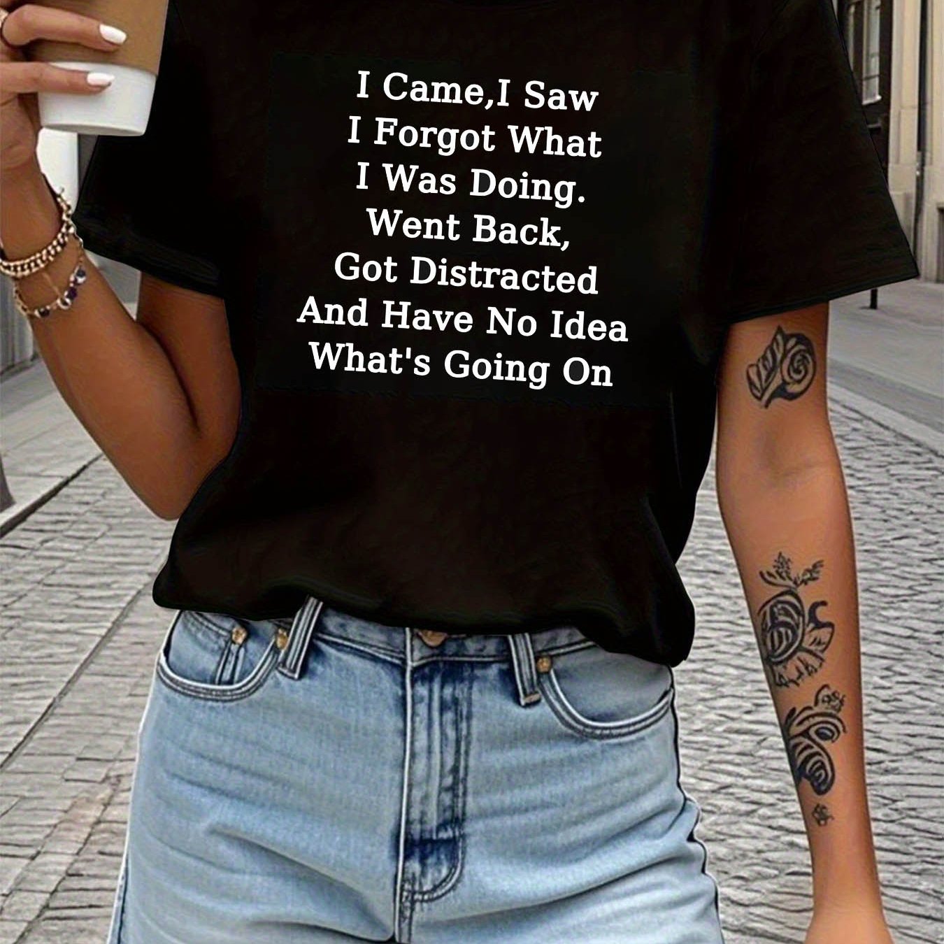 TEMU I , I Saw I Forgot What I Was Doing Letter Print T-shirt, Short Sleeve Crew Neck Casual Top For Summer & Spring, Women's Clothing