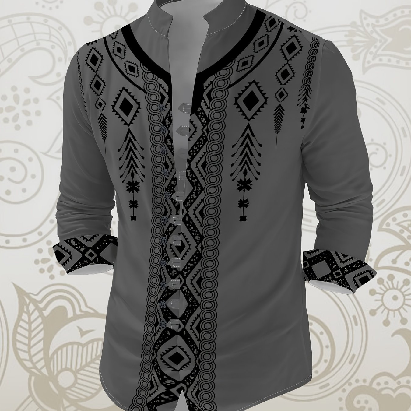 TEMU Men's Long Sleeve Shirt 11-row Button Stand Collar Geometric Print Ethnic Style Casual Top