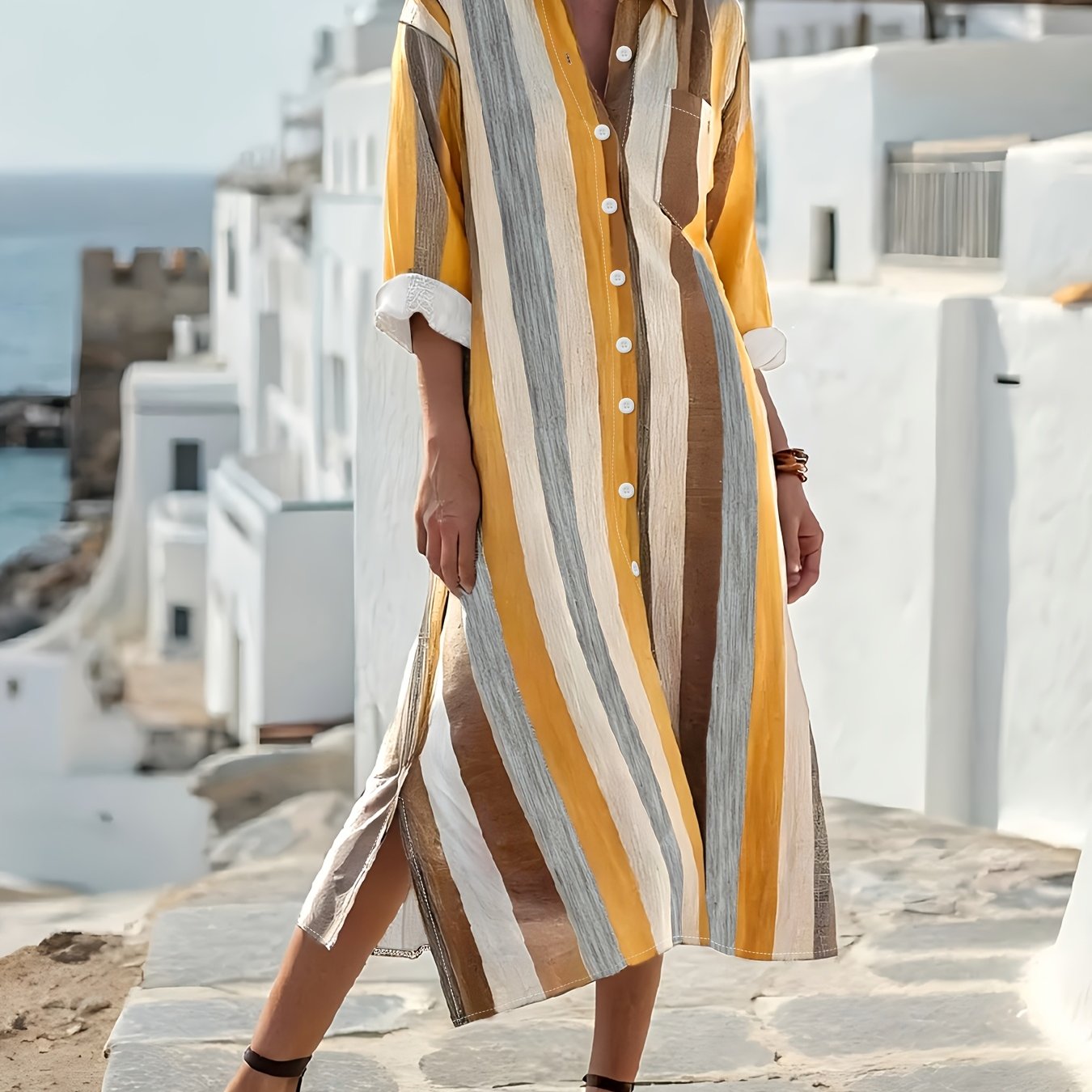 TEMU Plus Size, Plus-size Women's Lapel Button Collar Dress - Elegant Striped Hem Slit Dress With Split, Button-front Closure, Machine Washable