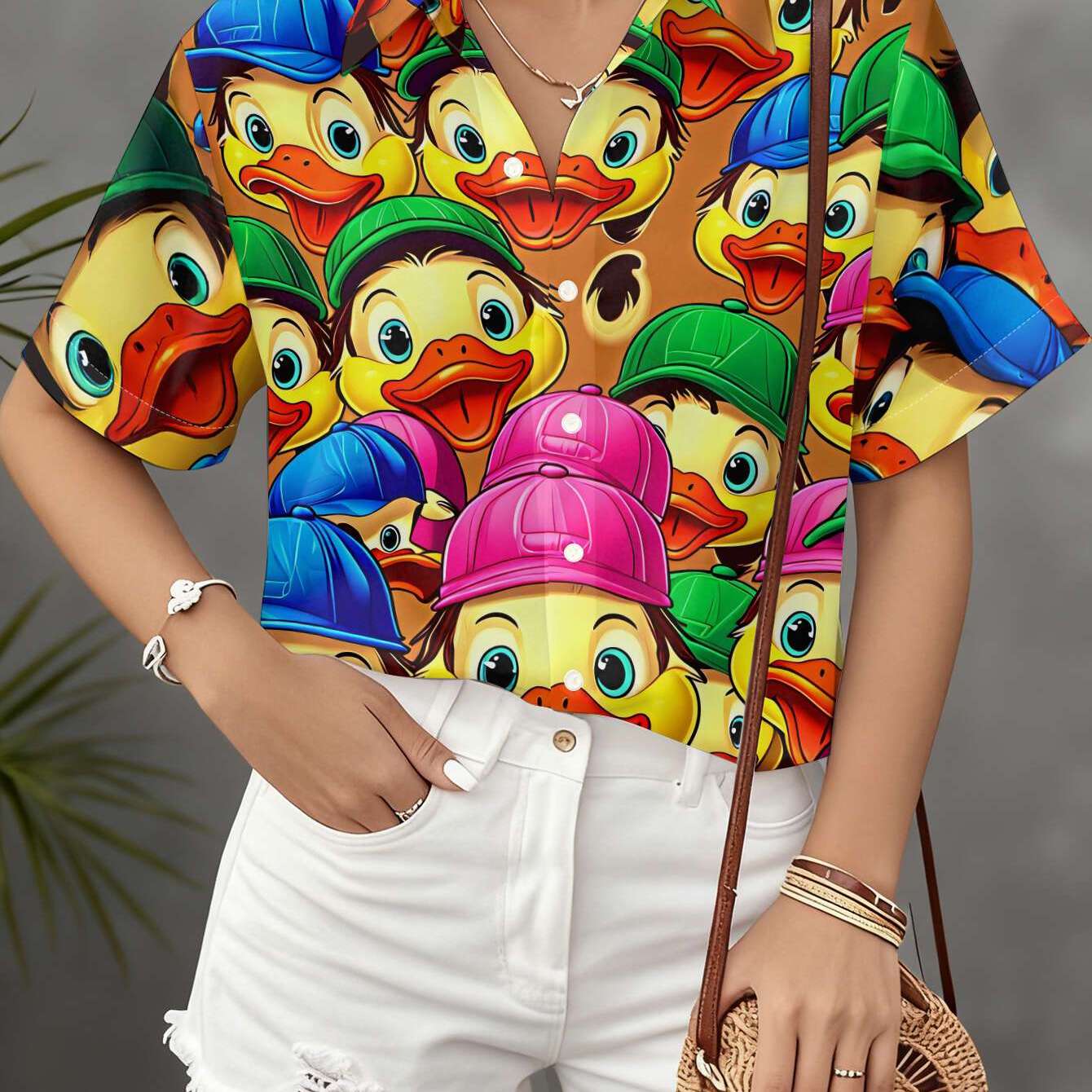 TEMU New Women's Short-sleeve Shirt With A Pattern Of Little Yellow Ducks Wearing Various Hats , A Versatile Commuting And Casual Top, Machine