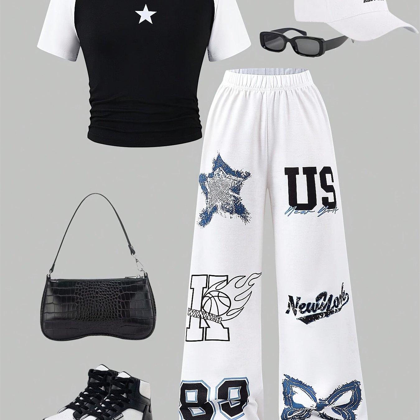 TEMU Girls' 2pcs Wide-leg Pants Set/ Black Raglan Crop Tee With White Sleeves Matching White Printed Sweatpants Elastic Waist/ Casual Daily School