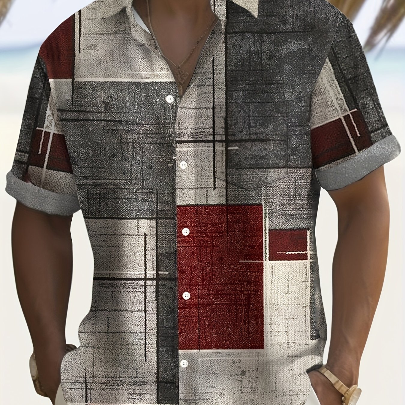 Image of Plus Size Men's Hawaiian Shirts For Beach, Vintage Geometric Pattern Printed Short Sleeve Aloha Shirts Chest Pocket, Oversized Casual Loose Tops For Summer