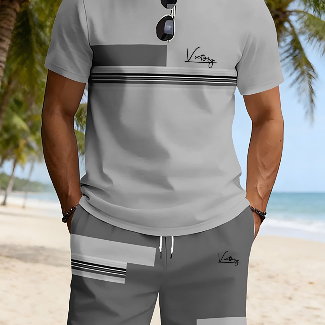 TEMU Conjunto casual moderno de manga corta para hombre con cuello y diseño estampado