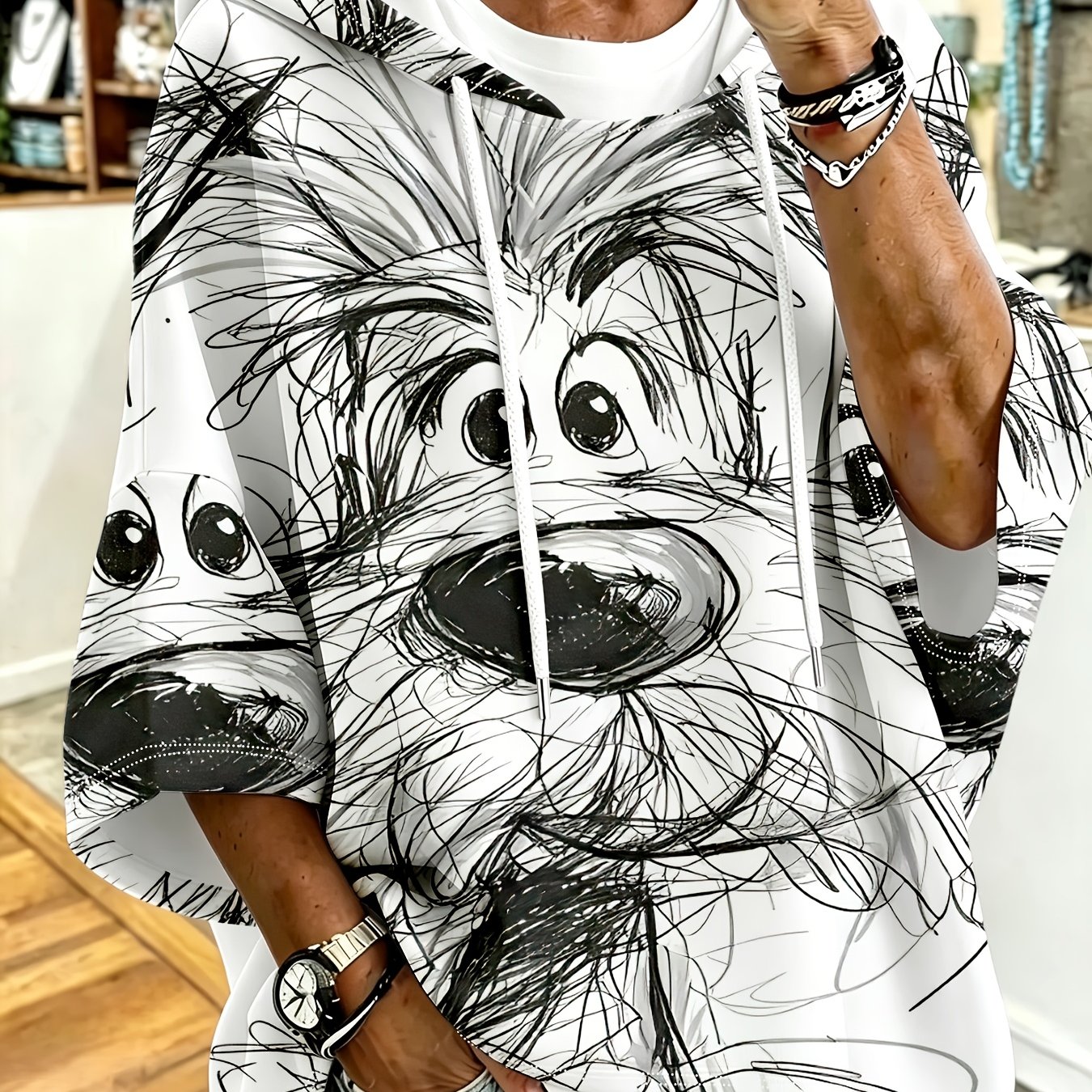 TEMU Plus Size, Plus Size Women's Hand-painted Cartoon Puppy Print Drawstring Hooded Short-sleeve Sweatshirt, Loose Fit Casual Pullover Top