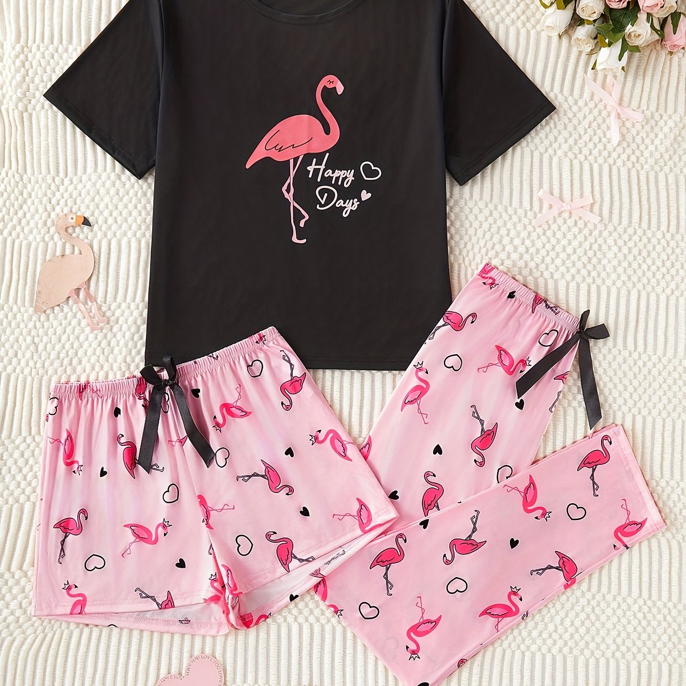 Image of Women's Cartoon Flamingo -piece Pajama Set With A Bow