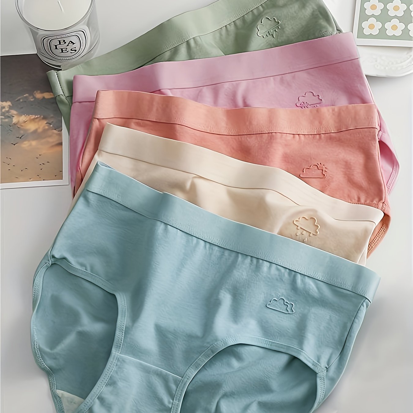 Image of 5pcs Women's Mid-rise Breathable Underwear - Soft Solid Color Panties, Light Blue, Peach, Pink, Beige & Green, Comfortable Everyday Underwear, , Design For