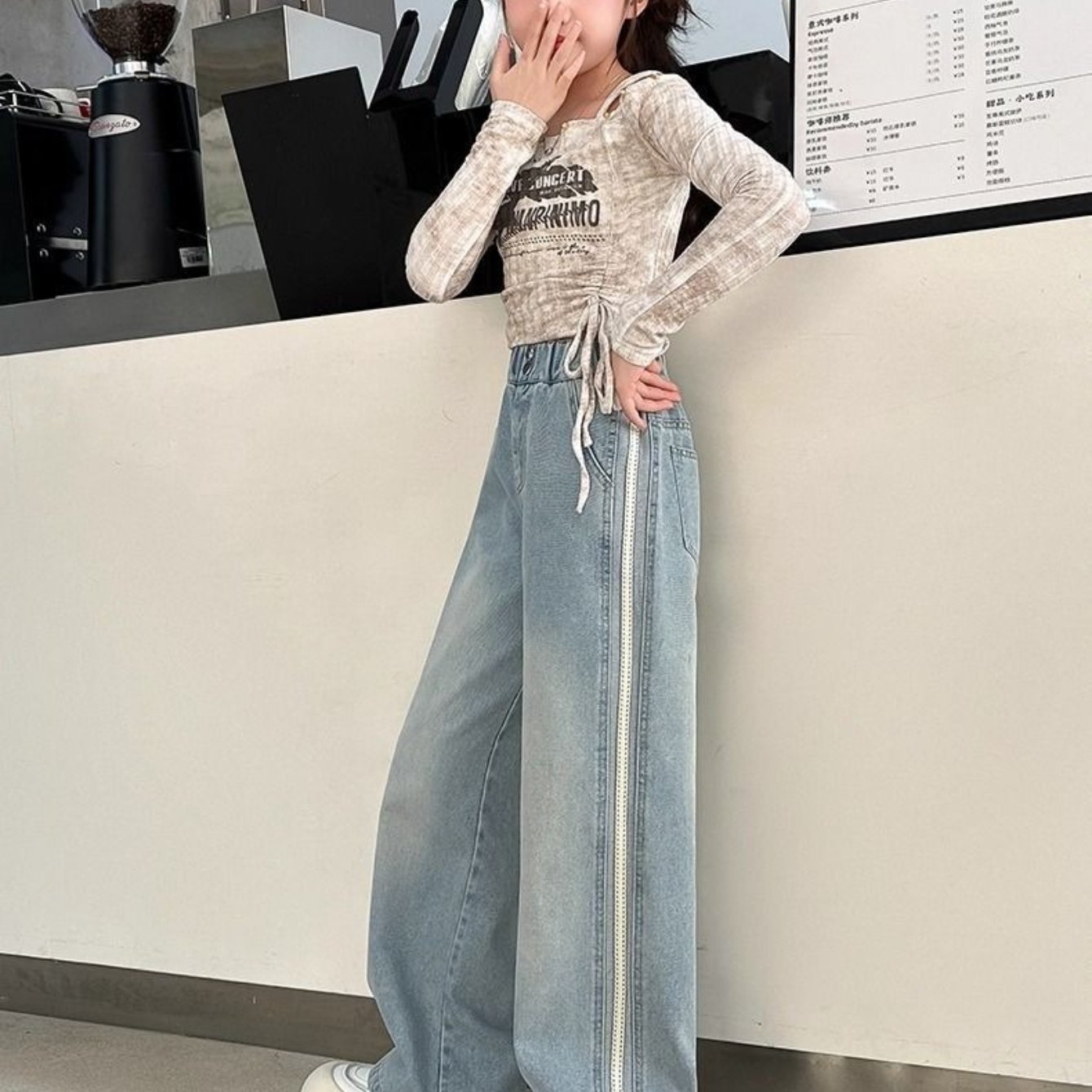 Image of Girls' Light Blue Denim Pants, Loose Straight Jeans For , Breathable Casual Trousers For School