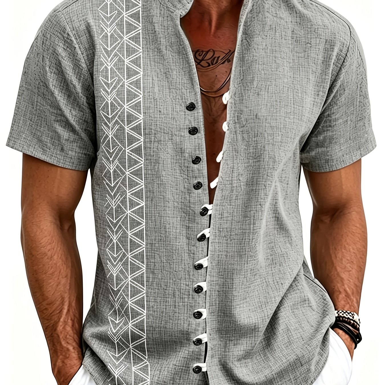 Image of Plus Size Men's Casual Shirt Faux Linen Art Print Stand Collar Short Sleeve Button Shirt Bohemian Ethnic Tribal Street Style Tops For Beach Vacation Summer And Wear