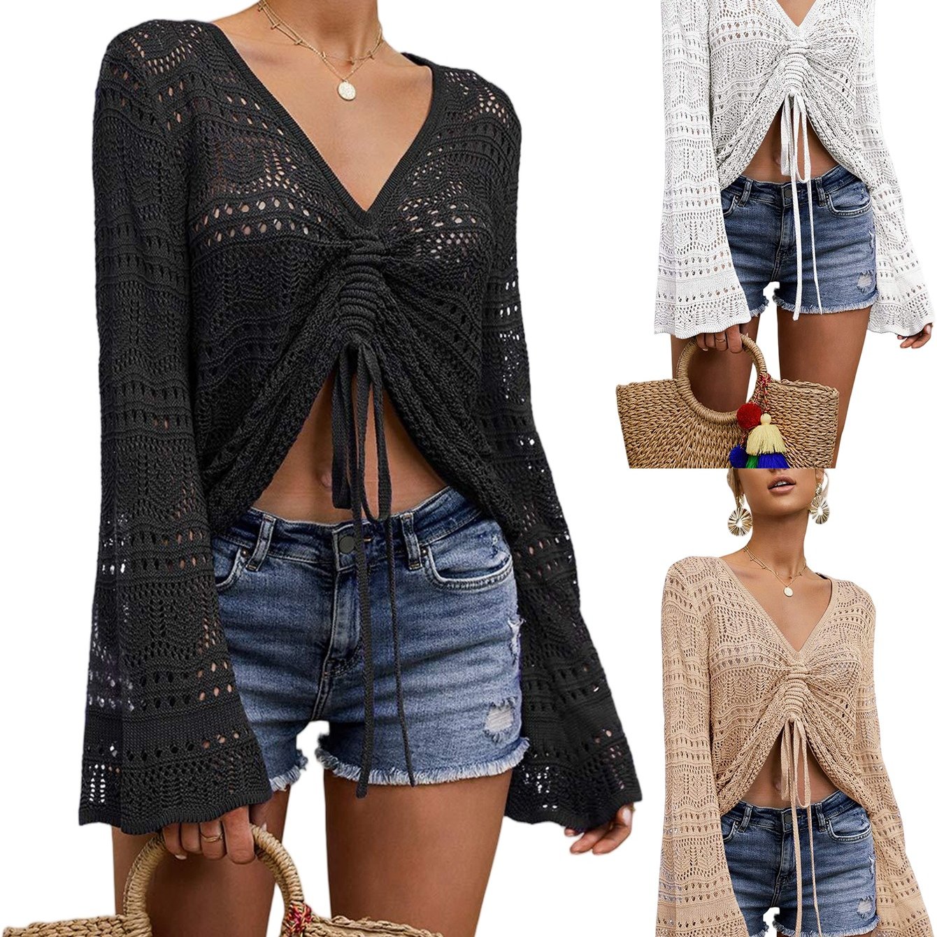 Women Crochet Cloth Drawstring Shirt Cover Up Oversized Sexy Beachwear Lace Up Tee Poncho | , Solid Color, , Drawstring Detail