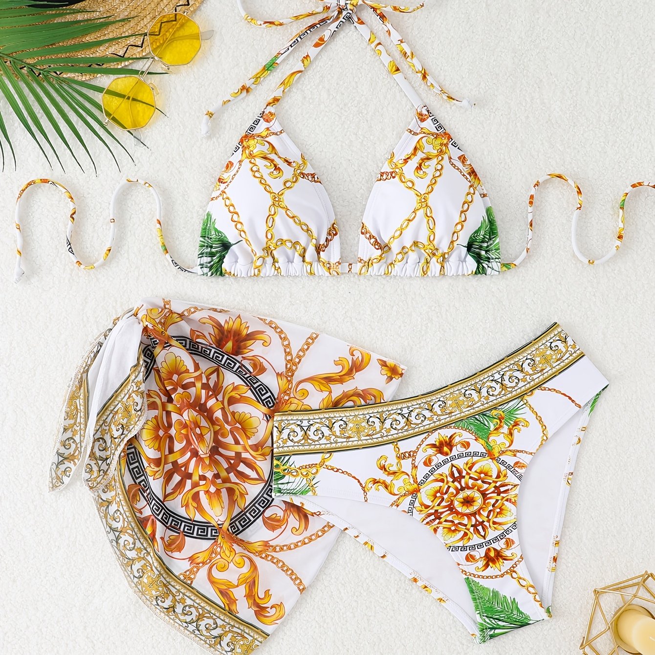 Summer Beach Halter Neck Gilded Floral Print Cover-up Dress Bikini Swimsuit 3pcs Set