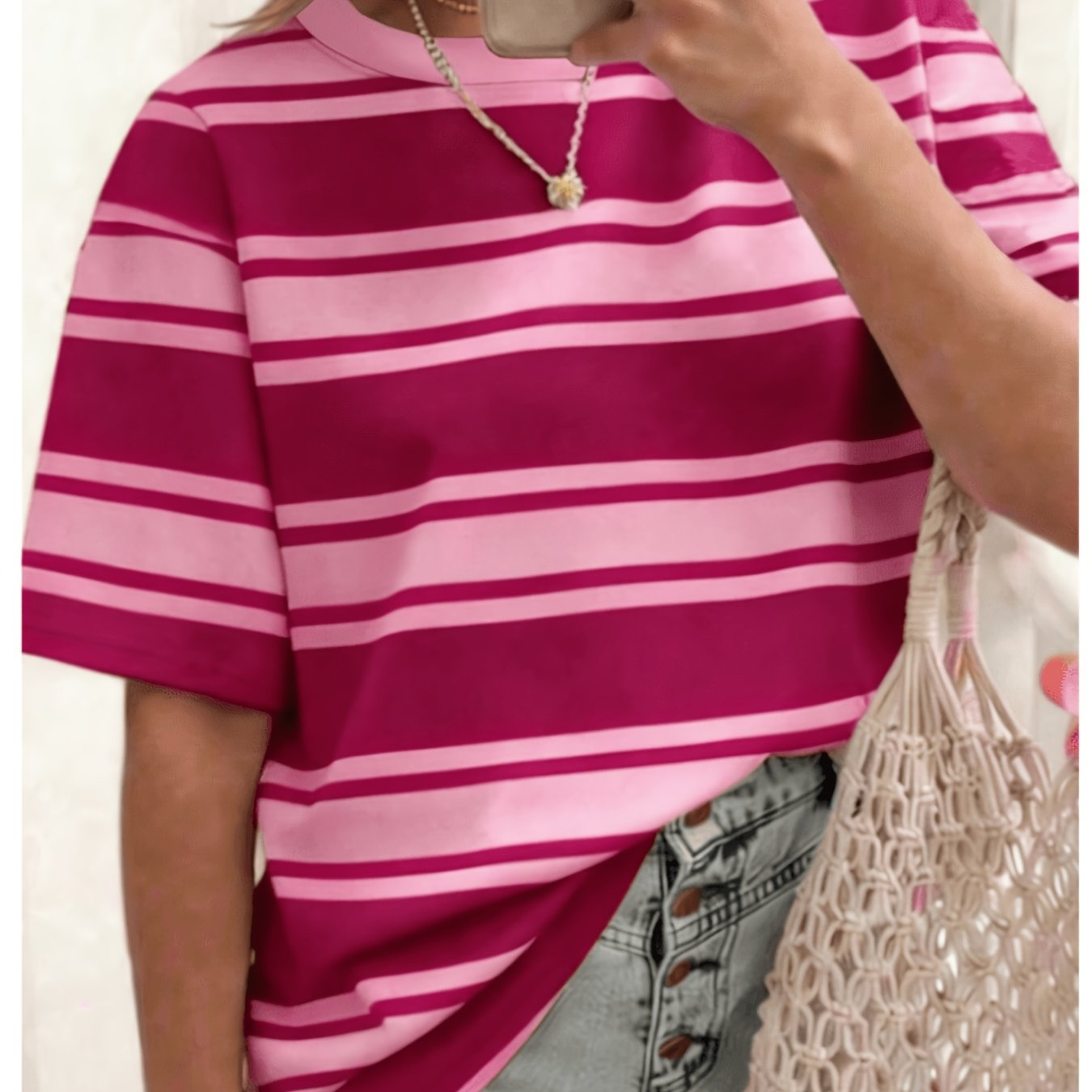 TEMU Plus Size Women's Clothing, Magenta Pink Contrast Striped Loose Short Sleeve T-shirt, Casual All-match Round Neck Top