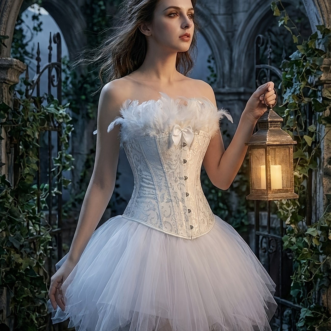 Image of . Dark Gothic Victorian Jacquard Body-shaping Slim Fit Shapewear + Tutu Mesh Skirt Set, Black And White Shapewear Set