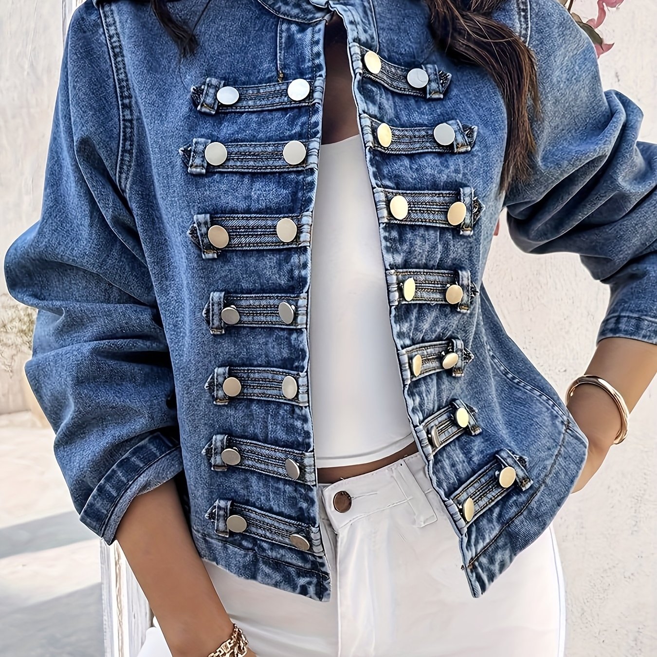 TEMU Women's Fashion Stand-collar Short Denim Jacket, Featuring Double-breasted And Open Design. This Classic Washed Blue Casual Denim Coat Is