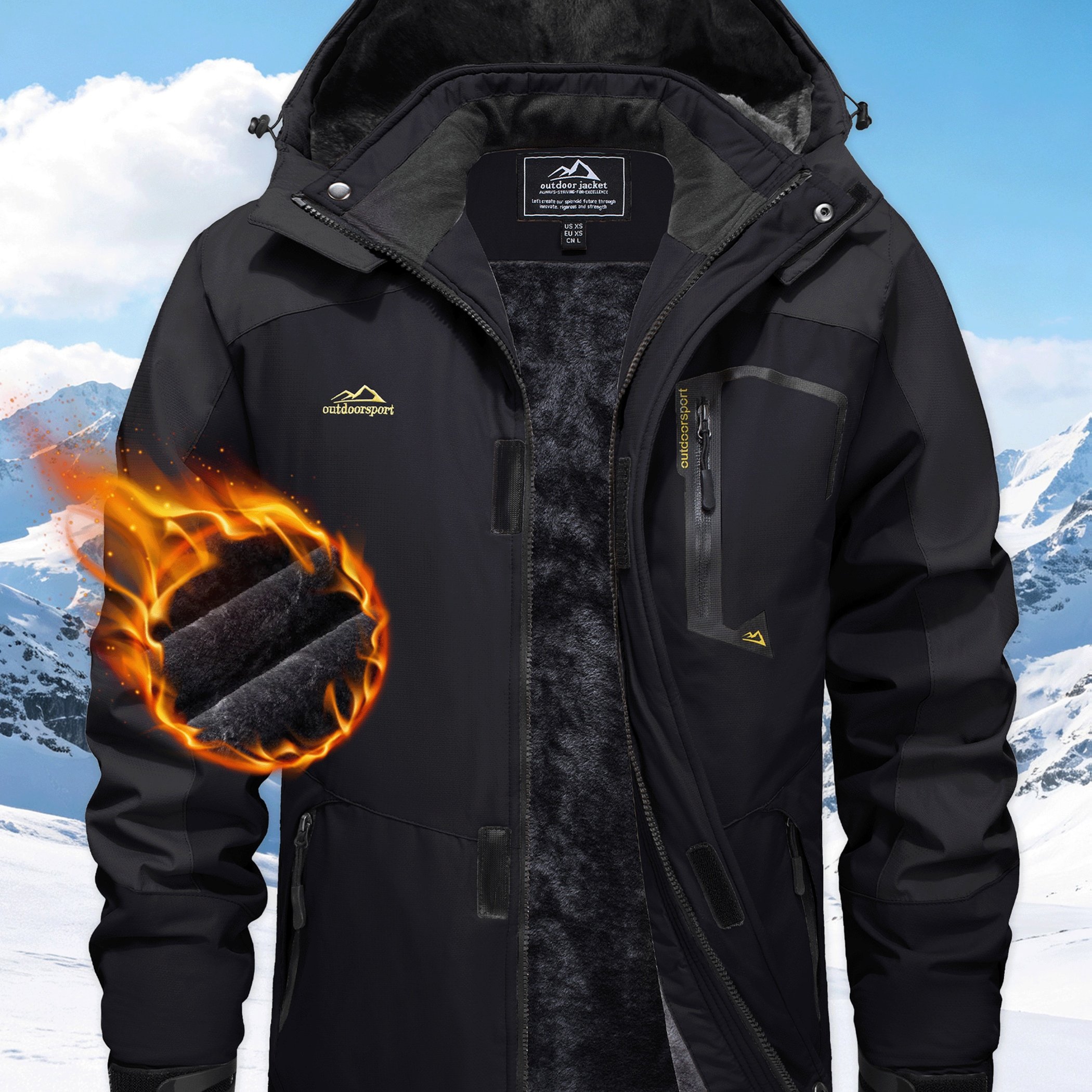TEMU Men's Ski Jacket Winter Warm Fleece Lined Waterproof Windproof Snowboard Thermal Hiking Parka Chest Pockets Hooded Jogging Camping Fishing