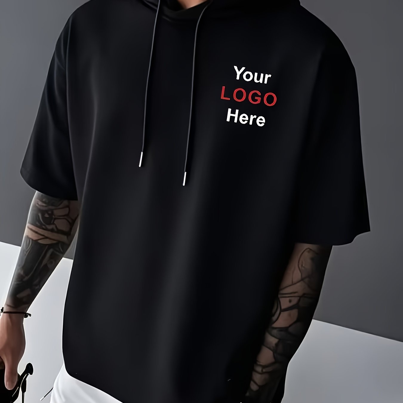 TEMU Men's Customizable Logo Black Short-sleeve Hooded T-shirt, Perfect For Trendy And Cool Outfits. Made From Soft, Breathable Fabric That Combines