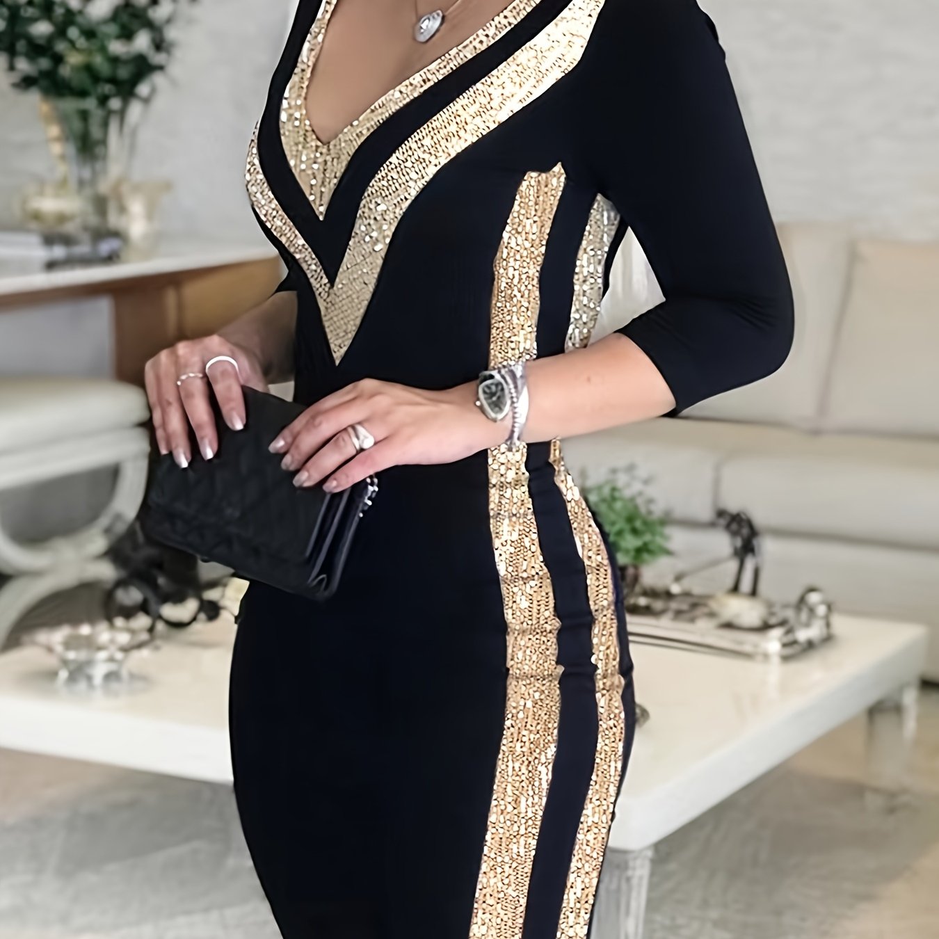 Az110 Evening Dinner Fashion Sequin Dress, A Versatile And Stylish Short V-neck Sequin Cocktail Dress Suitable For Casual Attire