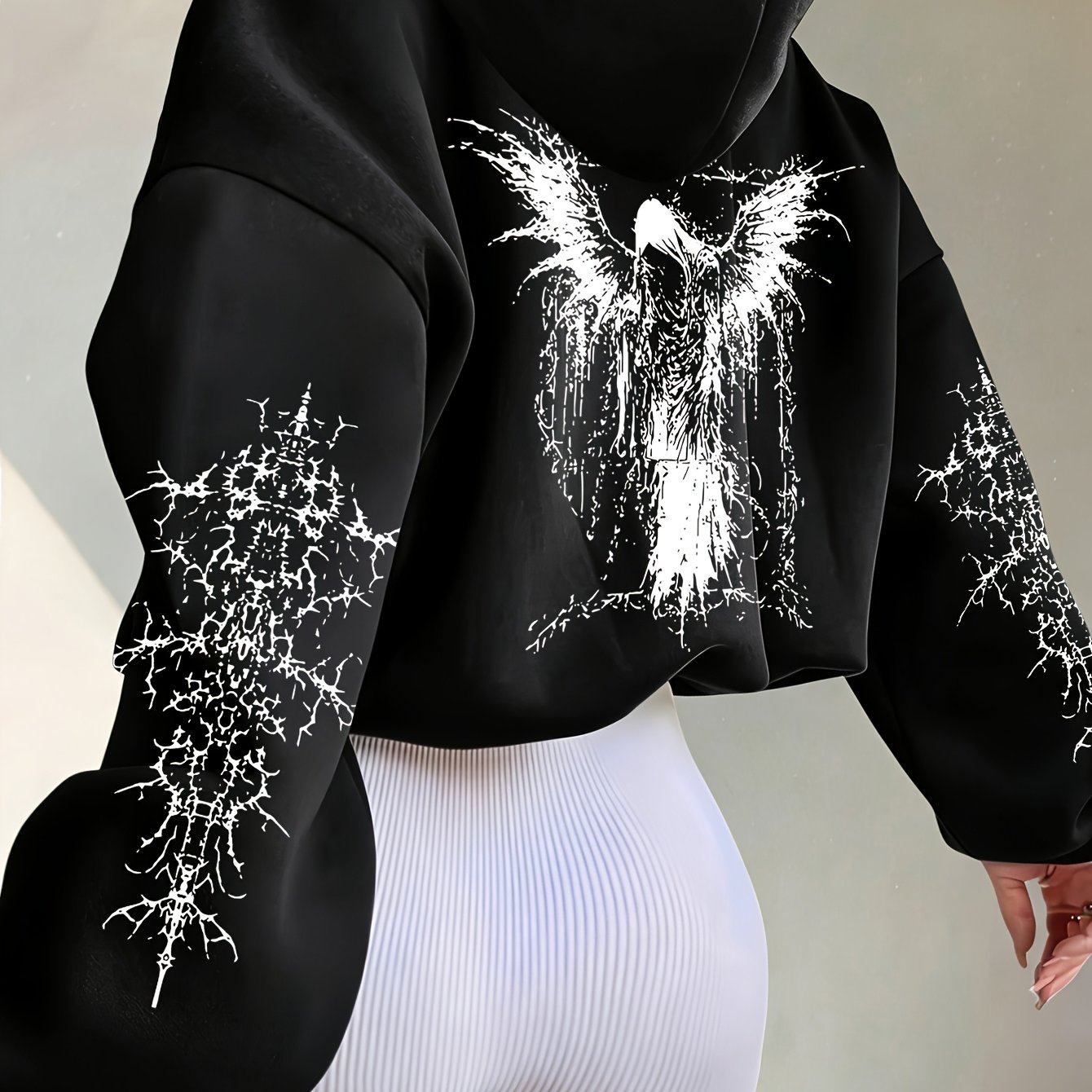Image of Early Autumn New Short Hooded Sweatshirt, "dark " Pattern Print, Sexy Hot All-match Loose Zipper Jacket, Short Drawstring Hooded Double-layer Hood Sweatshirt, Women's Clothing