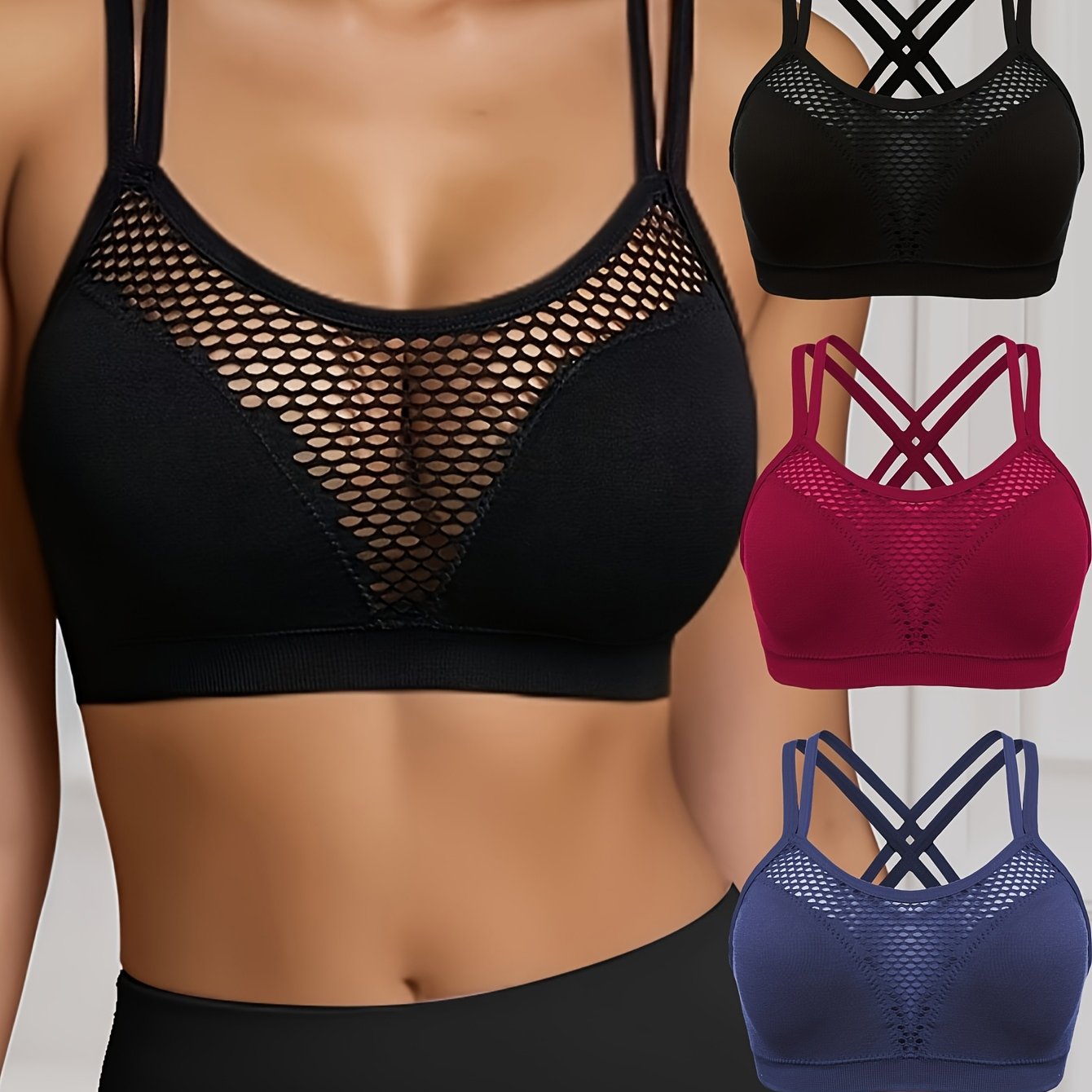 3pcs Women's Comfortable Breathable Seamless Double Layer Thin Strap Cross Design, Front Mesh Hollow Out Sports Fitness Workout Bra