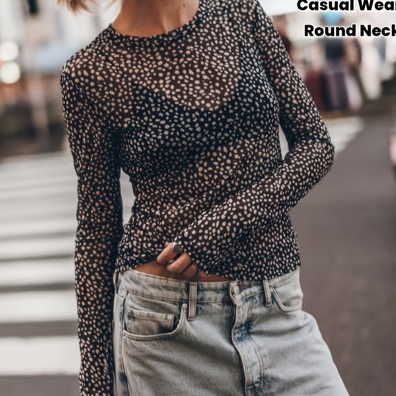 E-shop Damen Casual Elegant Mode Sheer Rundhals Slim Langarm Top - Hochelastisches Langarm T-Shirt, Semi-Sheer Rundhals Top, Ganzjahrestragbar