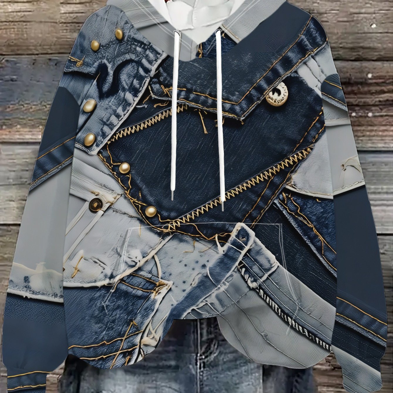 TEMU Women's Hooded Sweatshirt, A Creative Fabric Combination Print Featuring Multi-panel Denim , A Casual And Versatile Top, Long-sleeve Pullover
