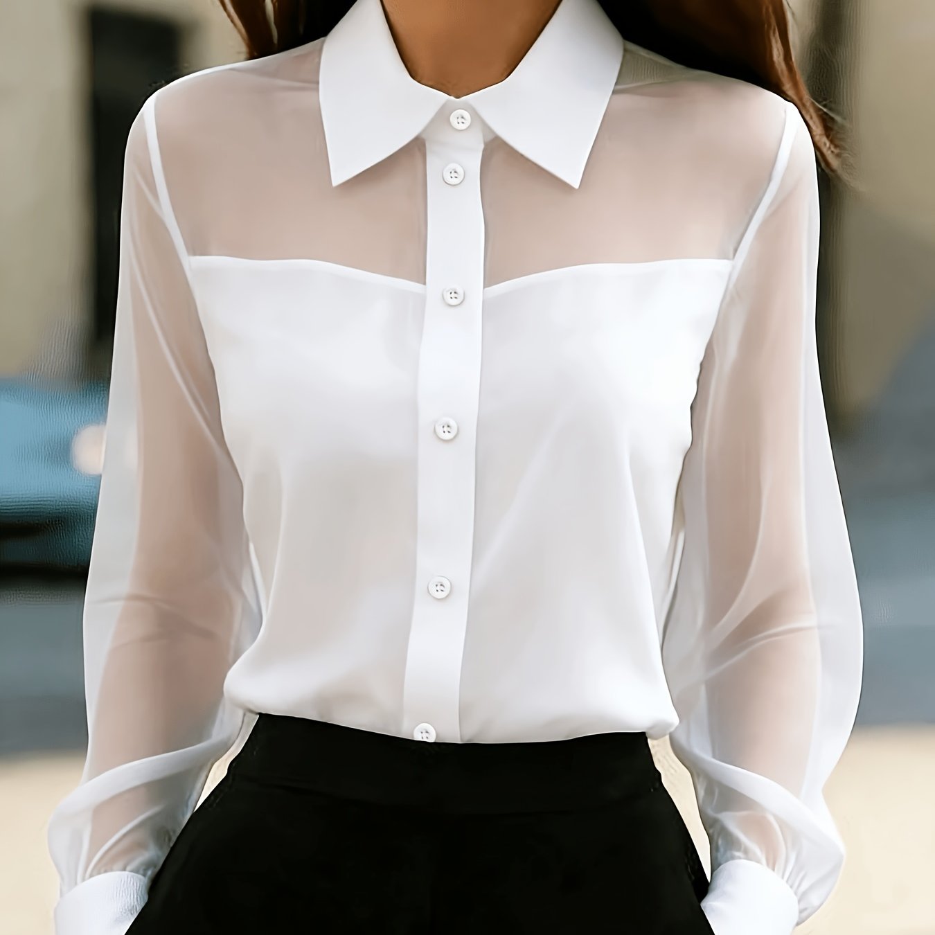 TEMU Top da donna elegante in mesh patchwork, 1 pezzo, per uscite casual, pendolarismo, abbigliamento da ufficio aeroporto, camicetta