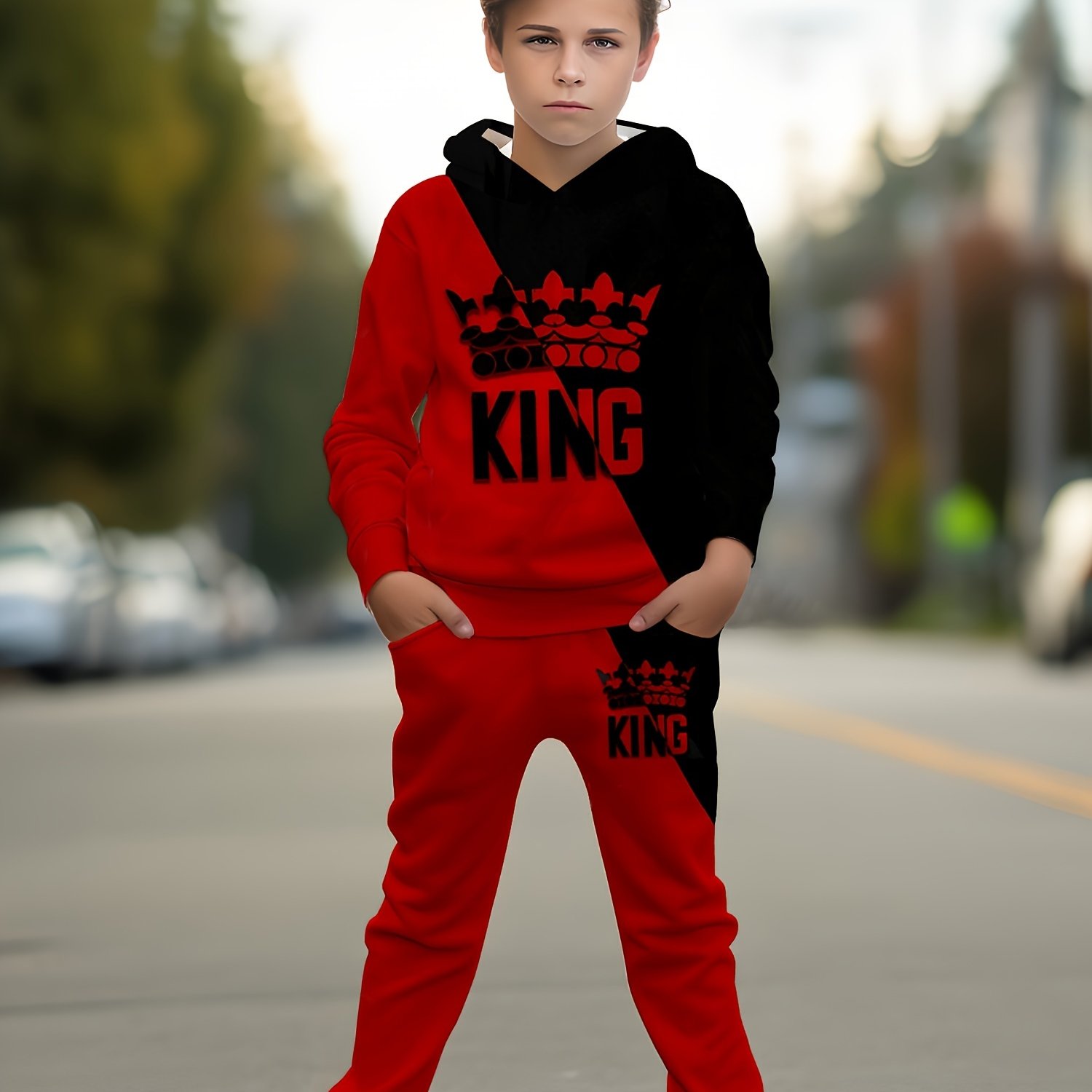 Boys' Print Hooded Sweatshirt And Jogger Set, Color Block Gift Outfit, Perfect For Outdoor