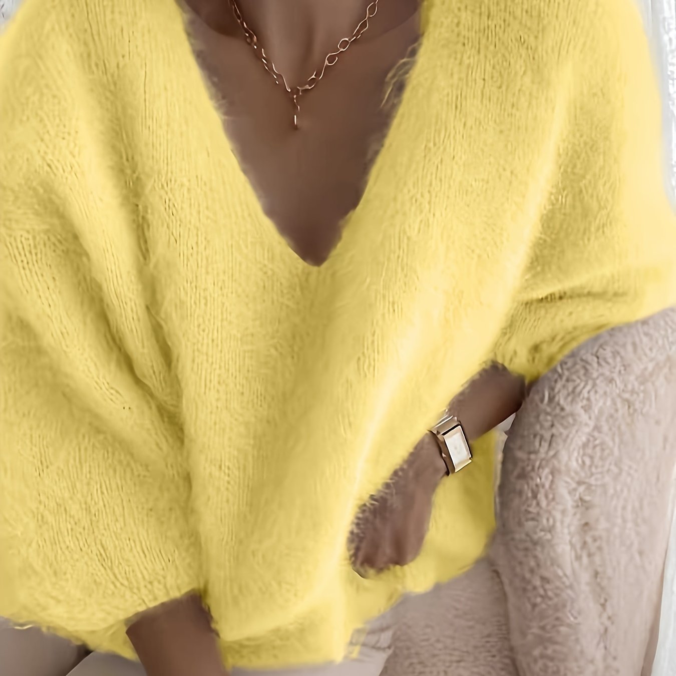 E-shop Damen V-Ausschnitt Pullover mit Dreiviertelärmeln, neuer Herbst- und Winterstil, Unifarben, elegante und lässige Strickmode