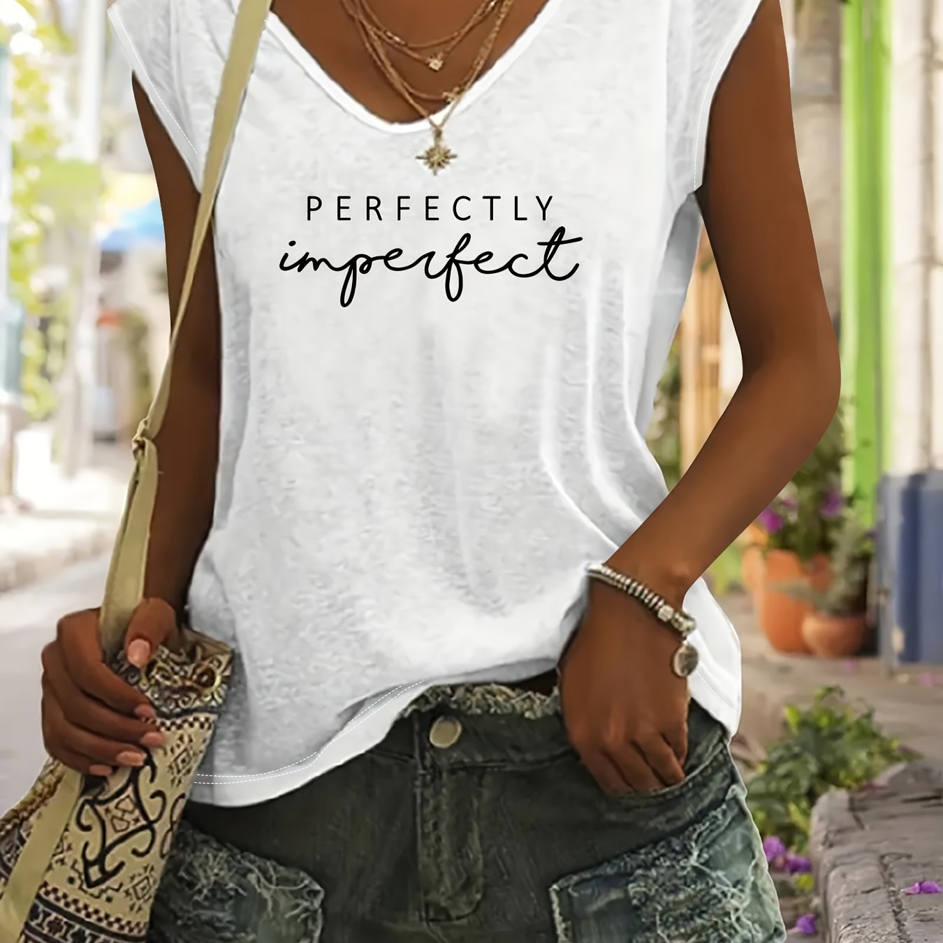 TEMU Plus Size - Plus Size - Women's V-neck Oversized Tank Top With Casual Print