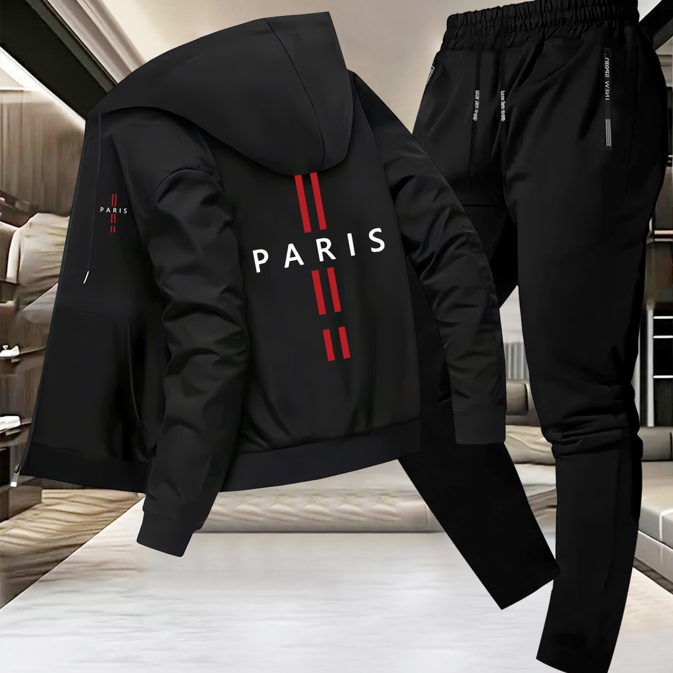 E-shop Trendiges Herren Herbst- und Winter-Kapuzenjacken-Zweiteiler-Set, Paris Buchstaben-Print Freizeit Business Anzug, Jugend Sport Baseball Uniform