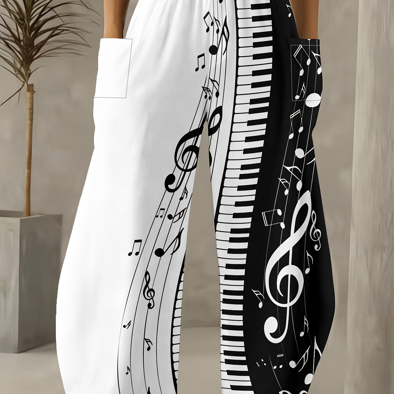 TEMU Plus-size Women's Four-season Artistic Trendy Black And White Piano Printed Loose Wide-leg Pants Made From Comfortable Fabric