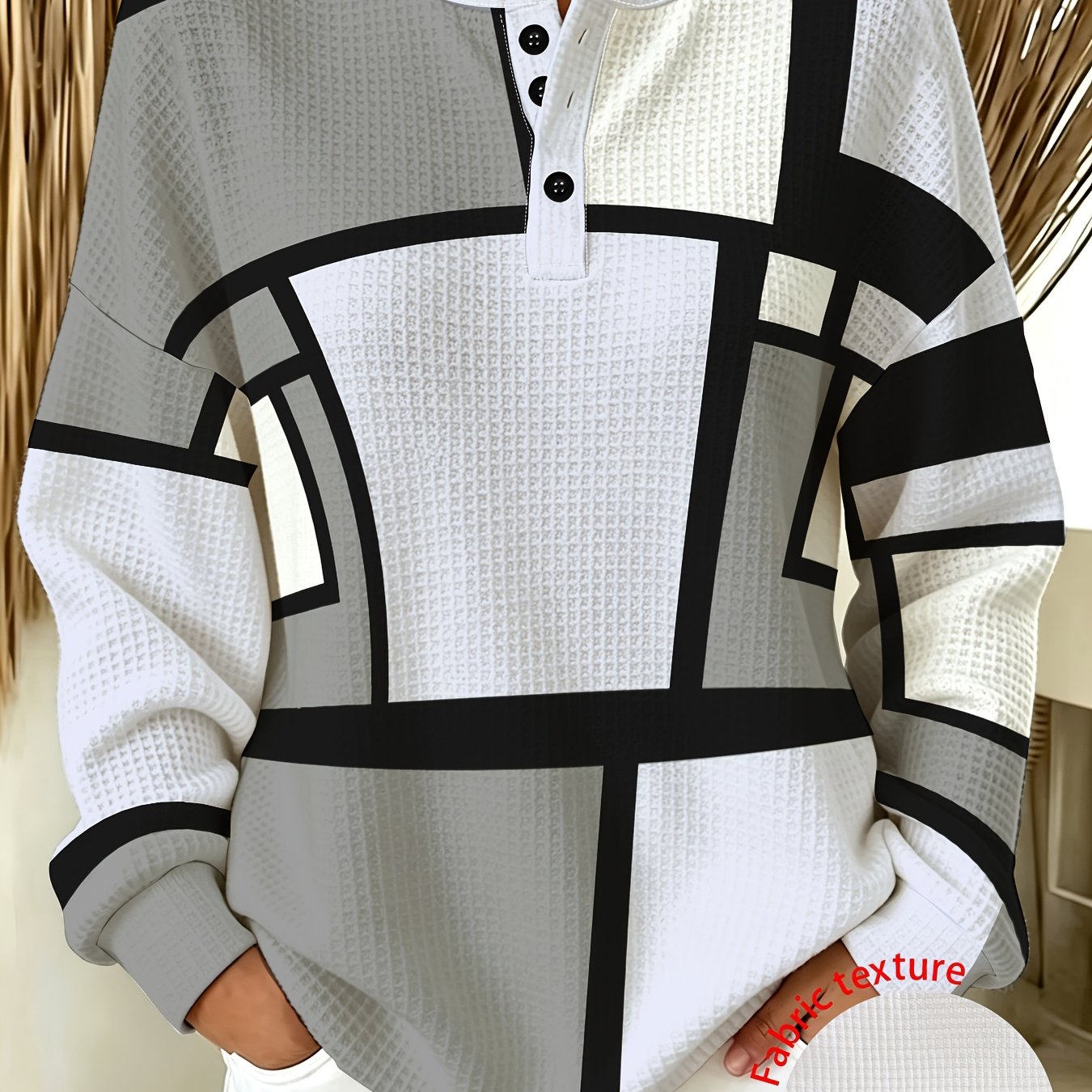 TEMU Plus Size Women's Sweatshirt, Retro Geometric Color Block Print Top, Waffle Loose Long Sleeve Sweatshirt, Retro Easy Premium, Effortlessly A