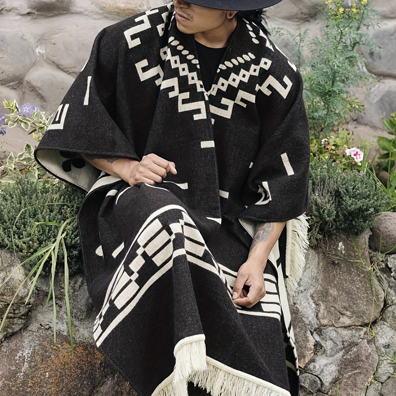 TEMU Men's Western Cape With Tribal Print, Warm V-neck Poncho With Tassel Trim For , Fall And Winter Casual Wear (brown/ White), Halloween