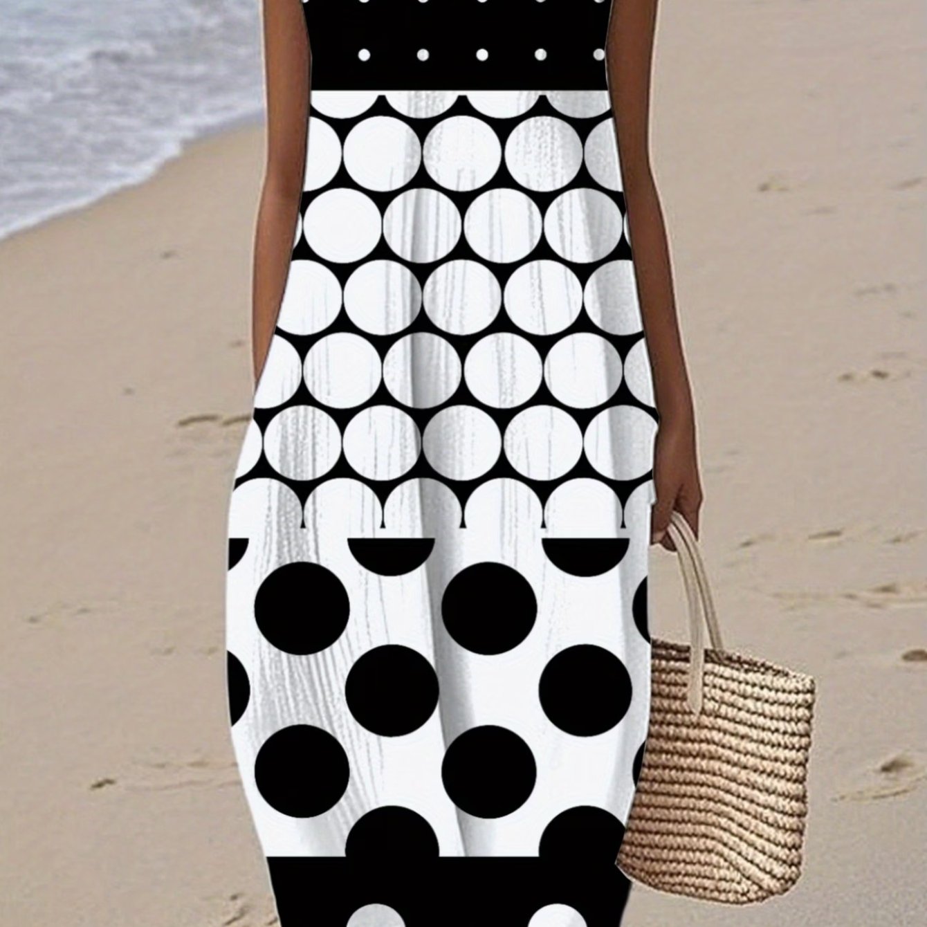Image of Plus Size, Plus Size Women Sleeveless Tank Dress, Black And White Polka Dot Print Midi Dress, Retro Style, Perfect For Beach Vacation Daily Wear