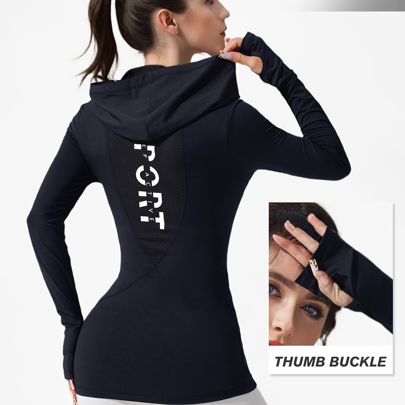 Image of Women's Yoga Exercise Tight Long Sleeve Thumb Hole Hooded Sweatshirt Back Mesh Slim V-neck Casual Top Autumn Clothing Elegant Women's Wear Christmas Gift