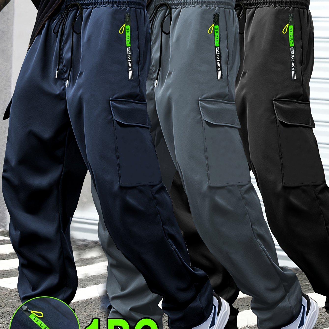 TEMU 1pc Men's Spring/fall Cargo Pants With Large Zipper Pockets & Drawstring Waist - Olive Green Casual Outdoor Joggers For Hiking, Daily Wear, And