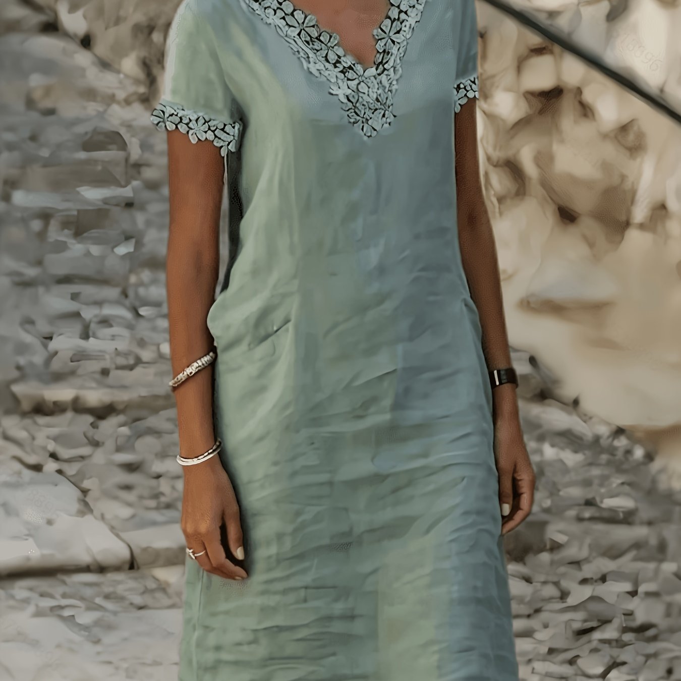 TEMU Women's Mint Green Water-soluble Embroidered Lace Dress, Casual Vacation Loose Dress