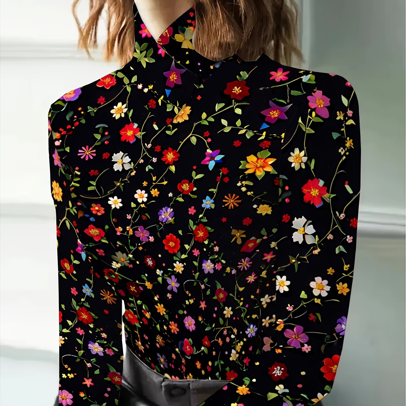 TEMU Women's Cross V-neck Long-sleeve Top With A Full-print Of Colorful Small Floral Patterns On A . Vintage-inspired With A Romantic Vibe, It